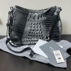 Brahmin Ryan Twilight Black &Silver Croc Embossed Leather Shoulder XBody HandBag